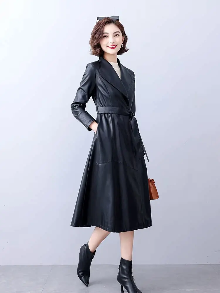 Ele Genuine Leather eepskin Coat Heining Women's Mid-Length Slim Fit Over-Knee Windbreaker Belted Commute Sle