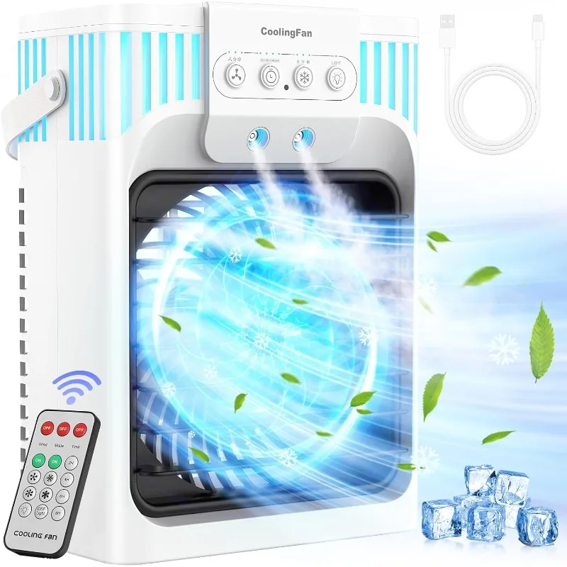 Portable Air Conditioner Cooling Fan with Remote, Quiet with 3 Speeds, 1200ml Evaporative Personal Air Cooler Fan with 3 Mist