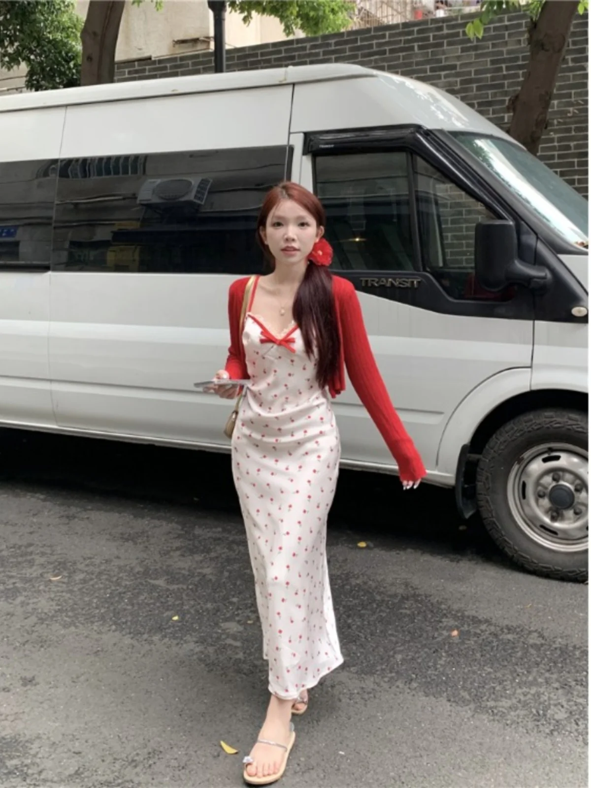 

Red White Printed Satin Knitted Cardigan Women's Summer New Fashion Set Long Sleeve Strap Dress Elegant Classy Ensemble