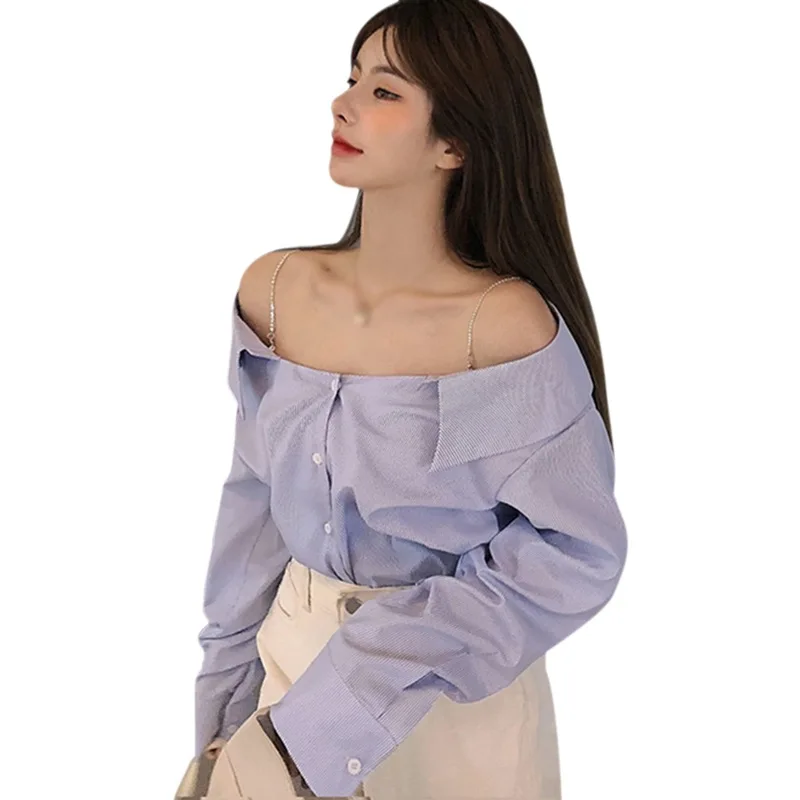 Women\'s Spring Autumn Chain Long-Sleeved Shirt Female Korean Style A One-Line Collar Strapless Loose Short Paragraph Blouse