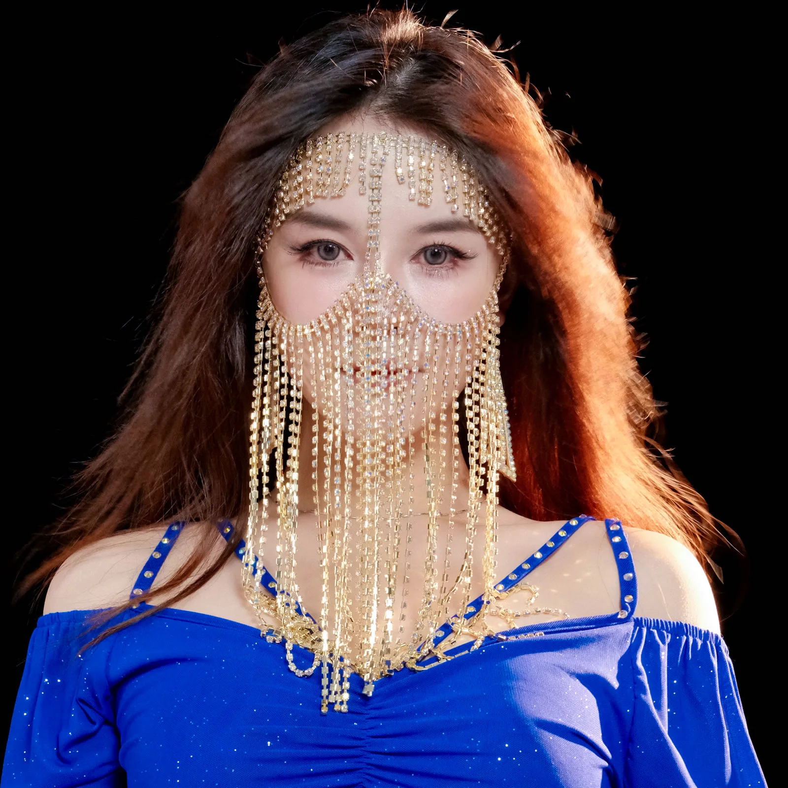 Sexy Women Masquerade Masks Face Chain with Crystal Pendant for PartiesBall BellyDance Stage Cosplay Halloween Metal Accessories