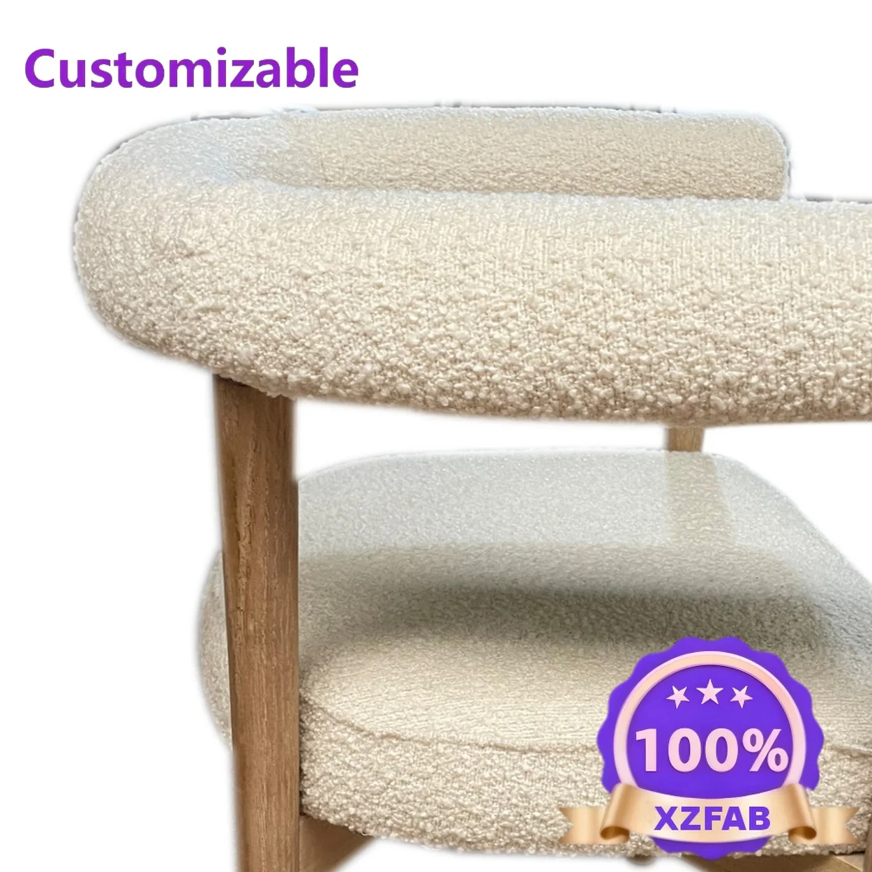 Factory Direct 2026 # Nordic Style Wooden Dining Chair White Teddy Velvet Cushion Wooden Leg Curved Backrest Dining Chair