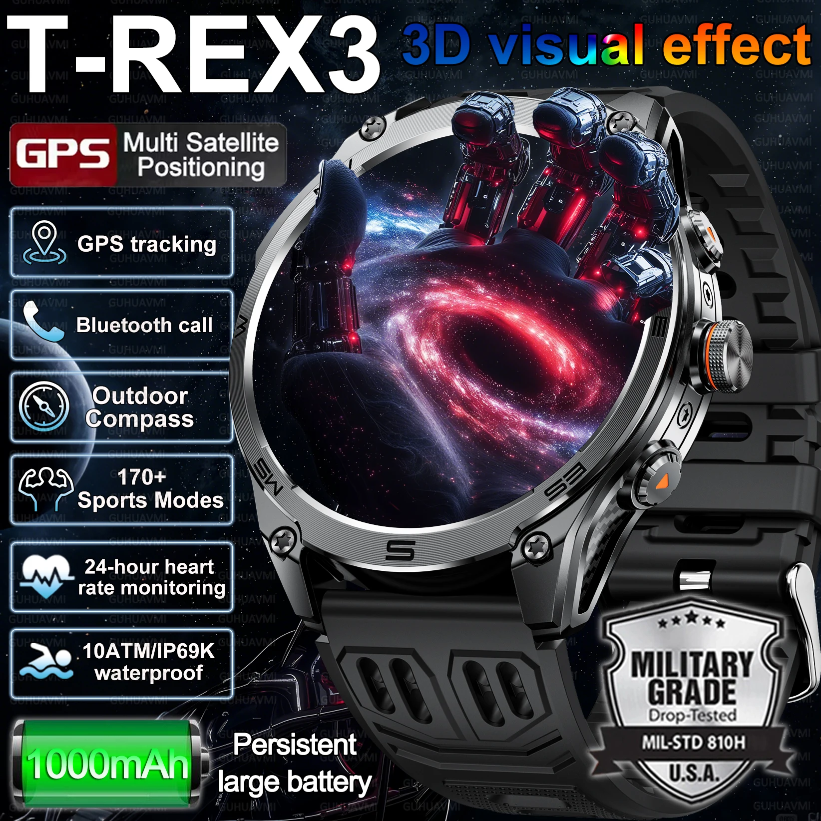 

Новые T-REX3 военные 1,75-дюймовые HD умные часы для мужчин 10ATM водонепроницаемый уличный компас спортивный фитнес GPS трекер браслет для вызова 1000 мАч
