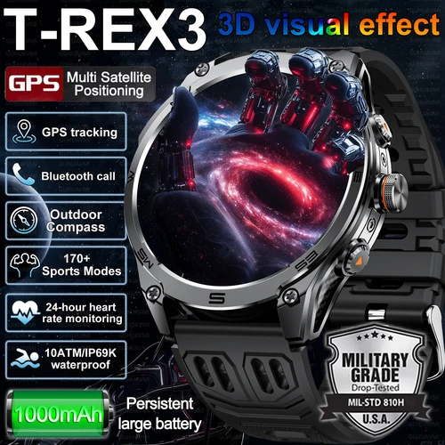 Nuevo T-REX3 militar 1,75 pulgadas HD SmartWatch hombres 10ATM impermeable al aire libre brújula deporte Fitness GPS Tracker llamada pulsera 1000 mah