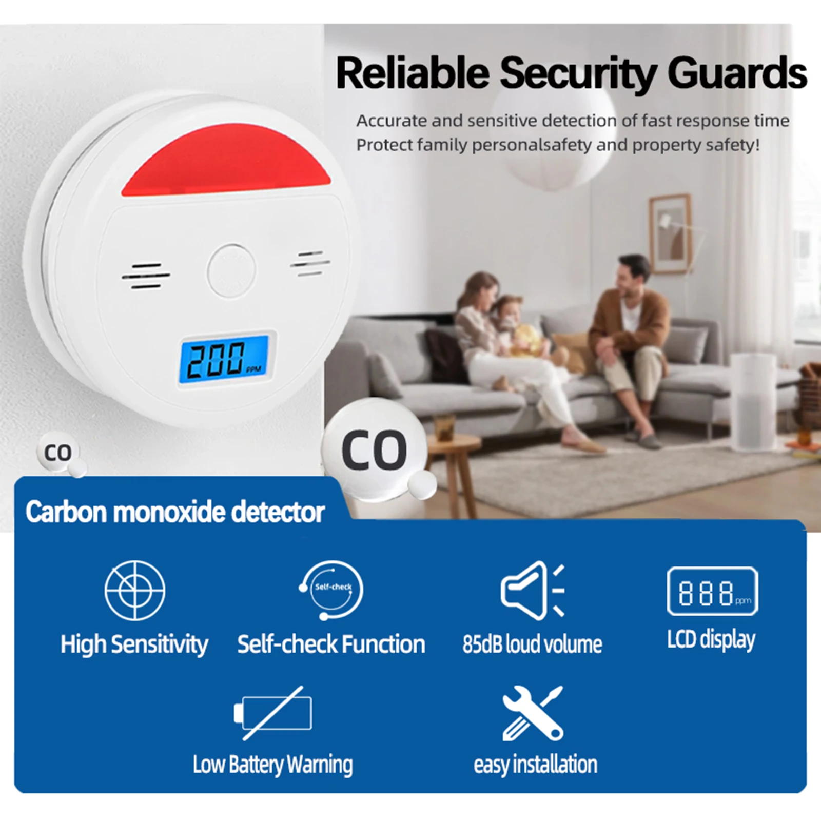 Household CO Sensor with Built In Siren Alarm Function High Sensitivity Wireless Carbon Monoxide Poisoning Smoke Detector