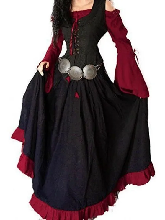 

Retro Waistcinching Laceup Patchwork Dr Long Sve Casual Sle Polyester Fiber Summer Dr Women's Faion