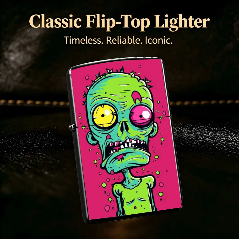 Pocket Lighter, Flip Top Design, Cartoon Zombie Green Face Pink Eyes Print, Metal Case, Windproof Flame, Refillable, Portable & Practical for Daily Use and Gift Giving