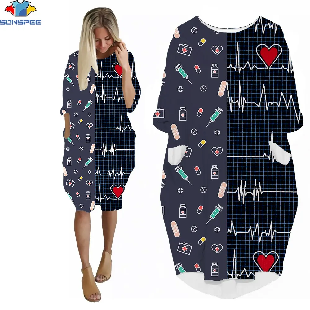 

SONSPEE 3D Print Autumn Winter Women Dress Funny Heartbeat Syringe Pills Medicine Box Pills Popular Hot Sale Knee T-shirt Skirts