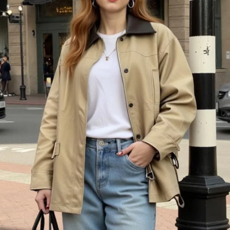 

Осень 202, женский Тренч в корейском стиле с цветными блоками, дизайн с воротником, застежка на талии, верхняя одежда цвета хаки с завязками на талии