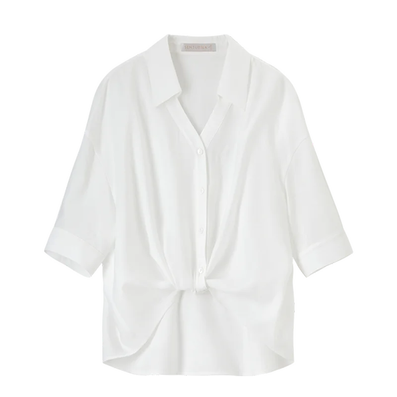 SENTUBILA Irregular Womens Shirt 2025 Fashion Drop Sleeve V Neck Solid Color Officewear Button Simple Shirts & Blouses 152C59275