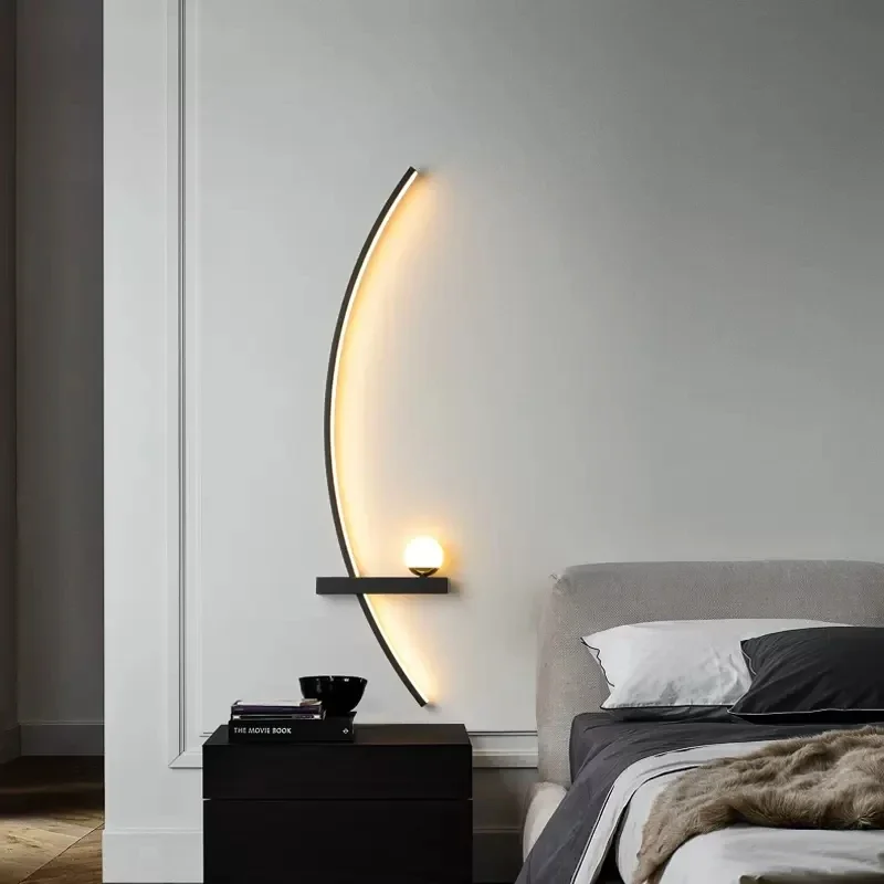 โคมไฟติดผนัง LED โมเดิร์นสีดําทองภายในโคมไฟ Nordic Art TV Home Decor Sconce ห้องนั่งเล่นโซฟาข้างเตียงตารางกระจก