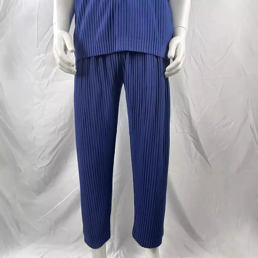 Miyake Men's Summer Pleated Pants Casual Pleated Tapered Nine-Point Pants Drawstring Pleat Comfortable Small Foot Radish Pants