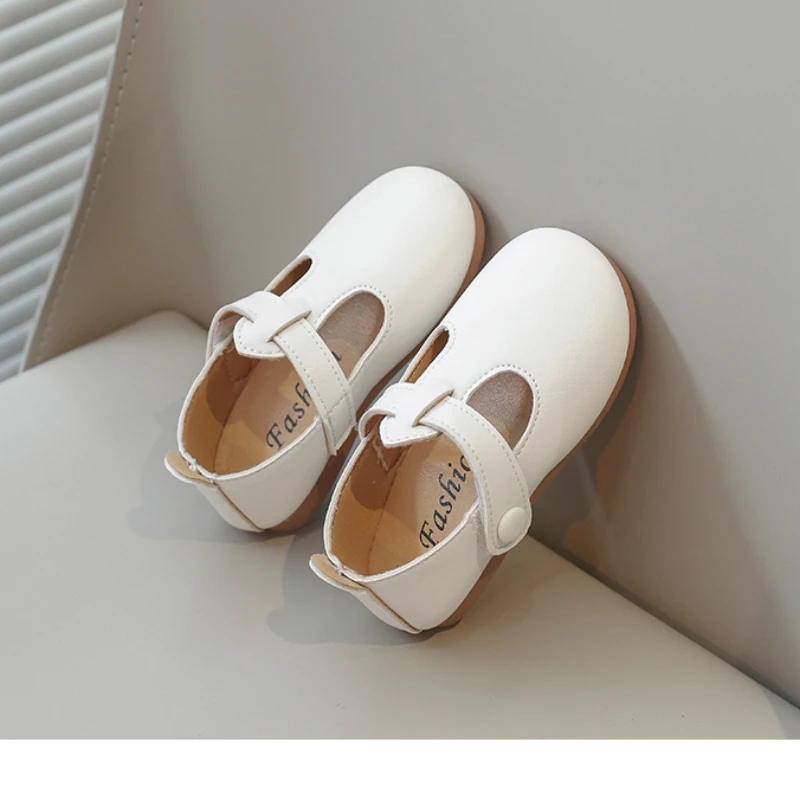 Girl\'s Princess Shoes Beige Pink T-strap Classic Kids Mary Janes Pu Leather Four Seasons Daily Toddler Children Flat Shoe 21-30