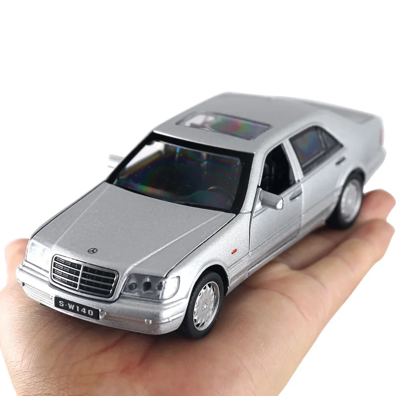 Mercedes-Benz-S-W140 Metal Diecast Car Model Vehicle, 1:32, liga, luz, som, puxar para trás função, presente para menino, A88