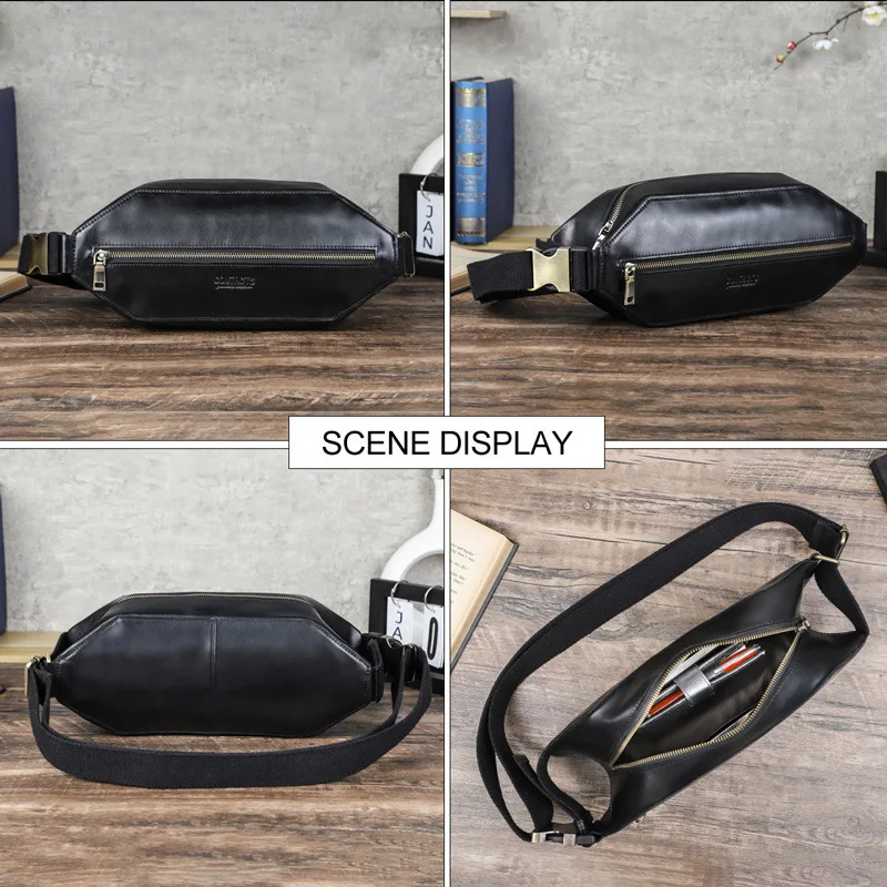New Fashionable British Style Top Layer Cowhide Head Chest Genuine Leather Men Sports Crossbody Bag Trendy Brand Men's Waist Bag