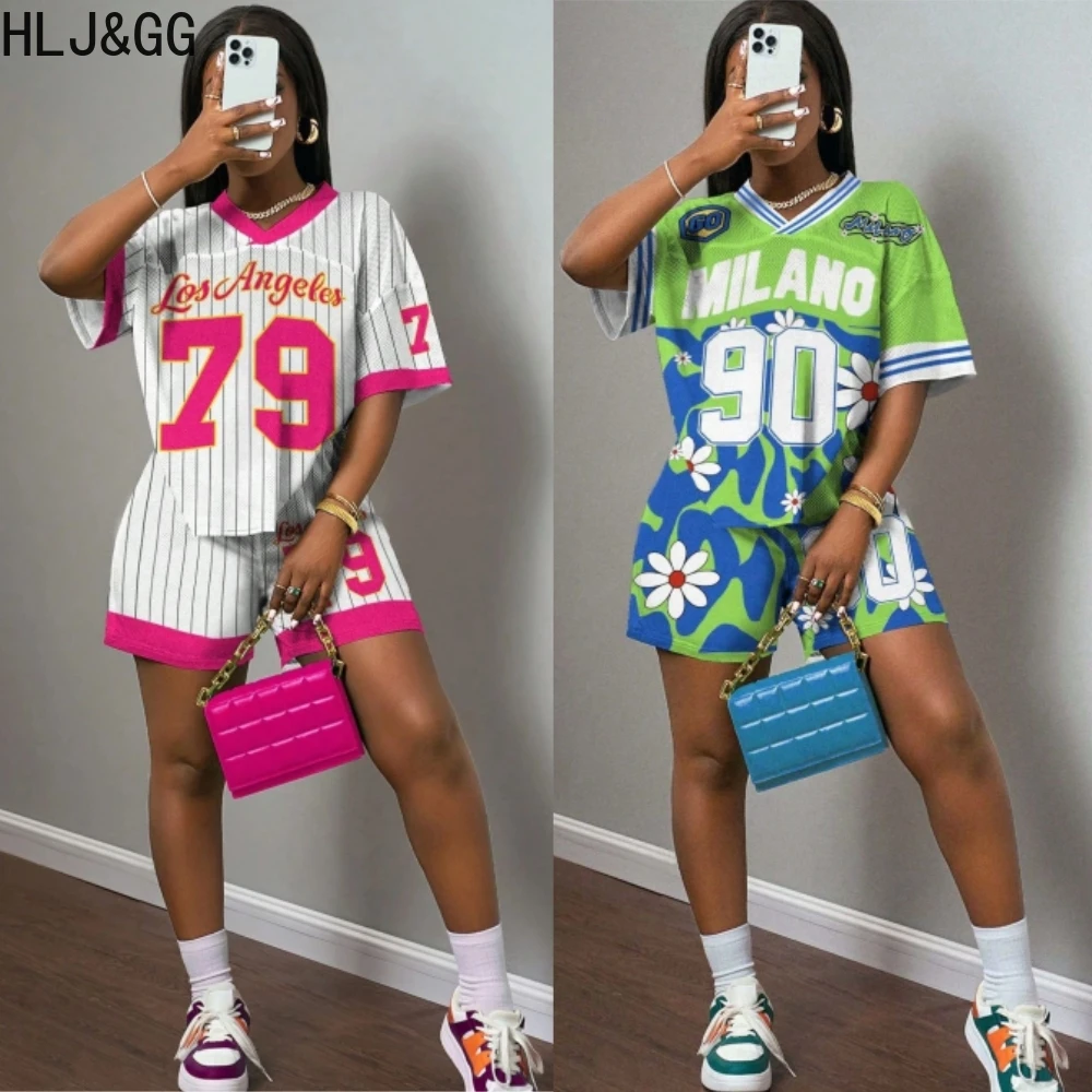 

HLJ&GG Fashion Letter Printing Basketball Tshirts Two Piece Sets Women V Neck Short Sleeve Top And Shorts Outfits Y2K Streetwear