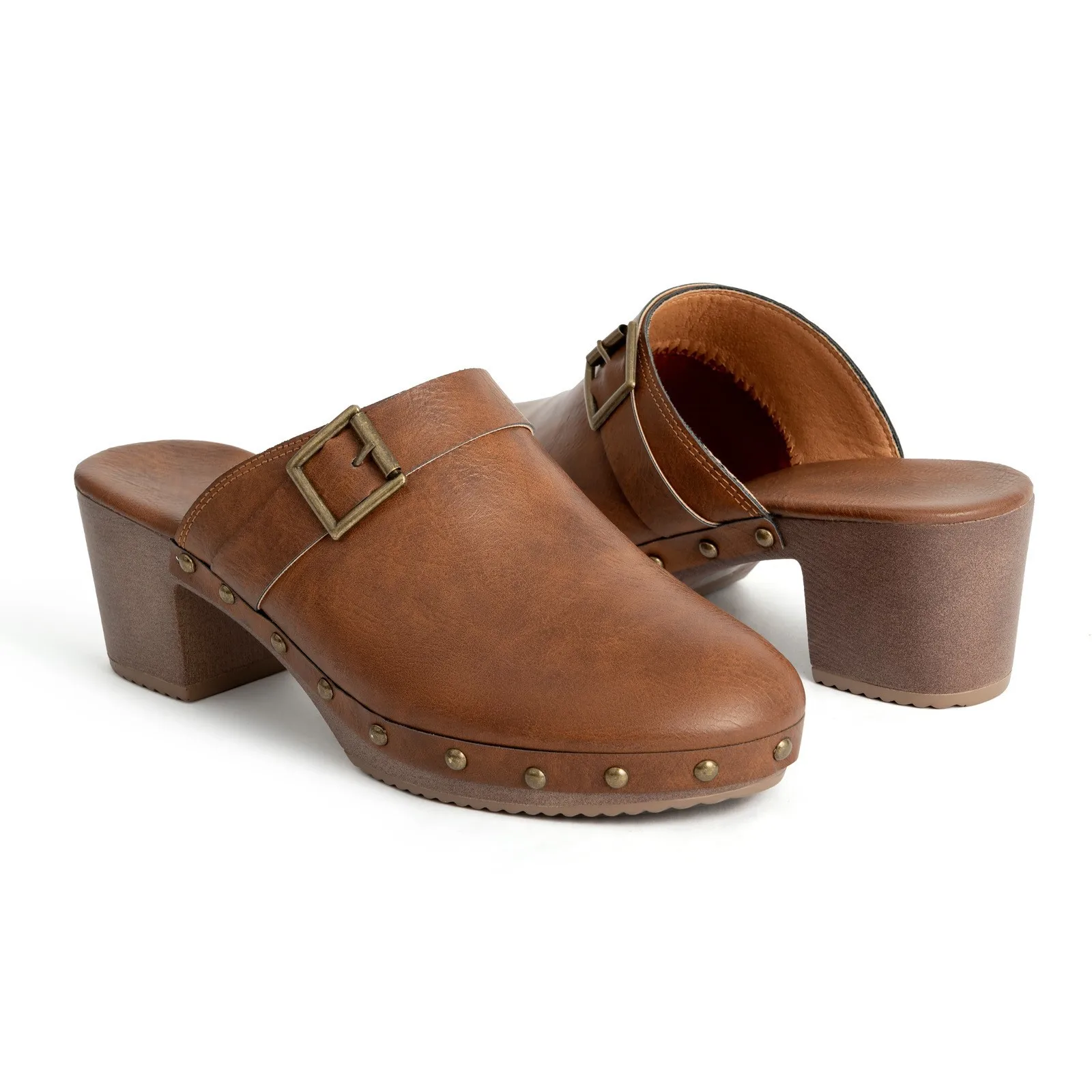 

Коричневые женские сабо на массивном каблуке, кожаные сабо без шнуровки в стиле ретро, стильные туфли с пряжками и заклепками