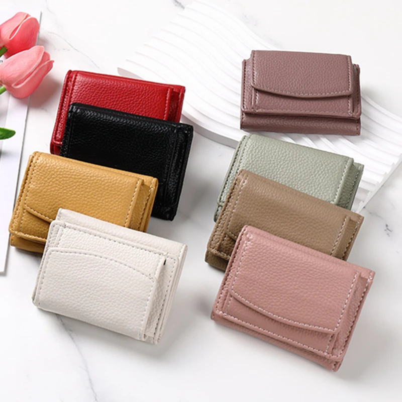 Portefeuille court à trois volets pour femme, porte-monnaie, porte-cartes, mini pochette mignonne pour femme, sac à fermeture éclair mince en cuir PU solide pour document