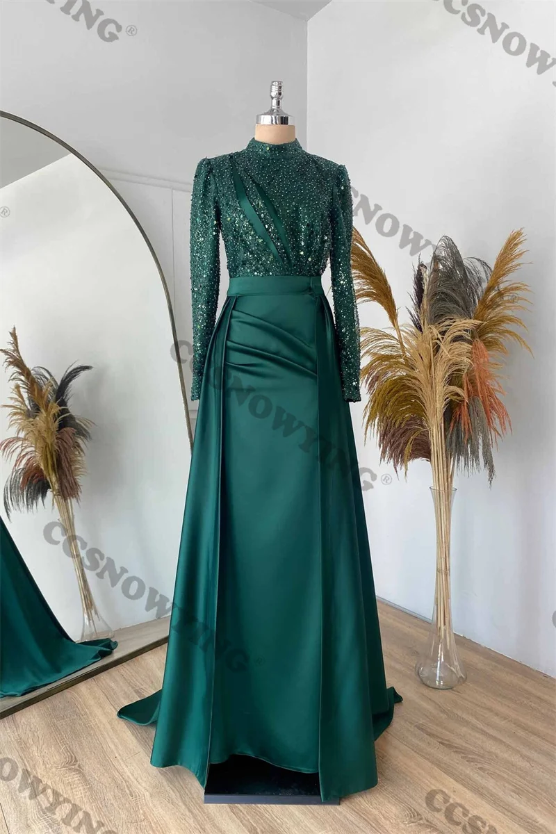 Satin Sequin Long Sleeve Muslim Evening Dresses Hijab High Neck Islamic Formal Party Gown Women Arabic Dubai Robe De Soiree