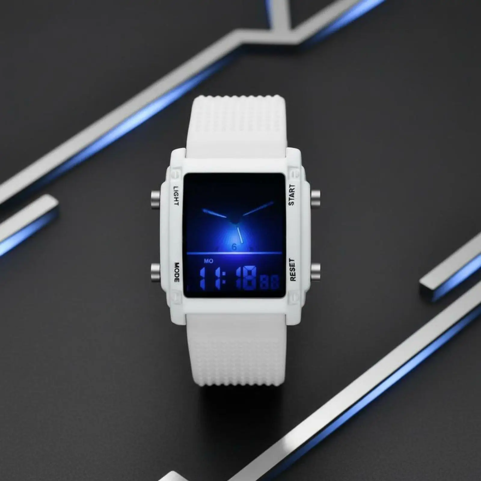 Men's Square Digital Wristwatch with Analog Display and LED Backlight for Daily Wear Lightweight Alloy Case Rubber Strap Sporty