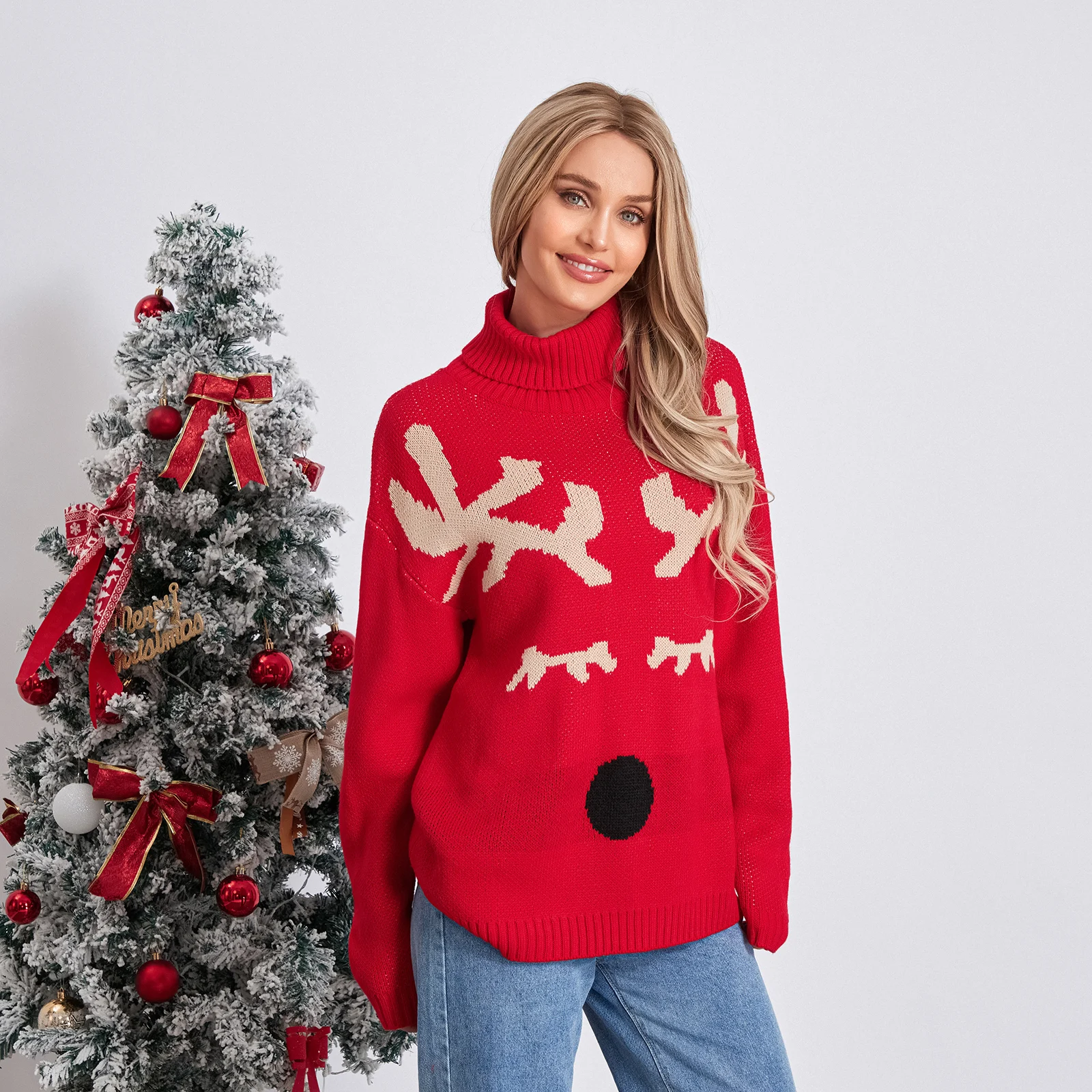 

Women's Vintage Christmas Sweaters Long Sleeve High Turtleneck Elk Print Loose Sweatshirts Pullovers Casual Knit Tops