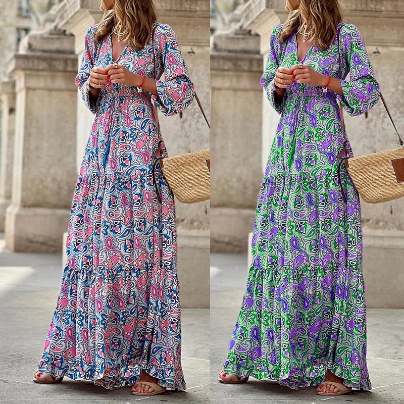 

FD937 Women's 2024 Autumn New Fashion V-neck Long Sleeved Mid Length Bohemian Dress