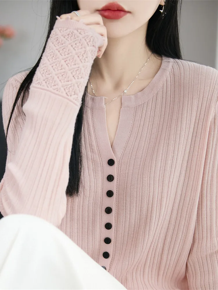 

Новая модная женская трикотажная базовая кофта с V-образным вырезом и пуговицами, скрывающая живот, весна-осень 2026, стильный топ больших размеров