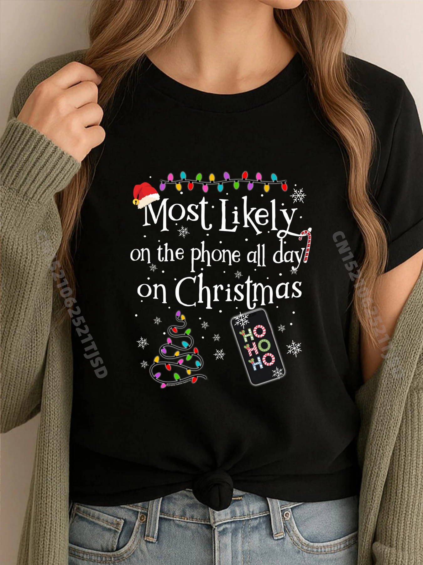 

Most Likely On The Phone All Day Christmas Christmas Shirts Graphic Tee Mens Gifts