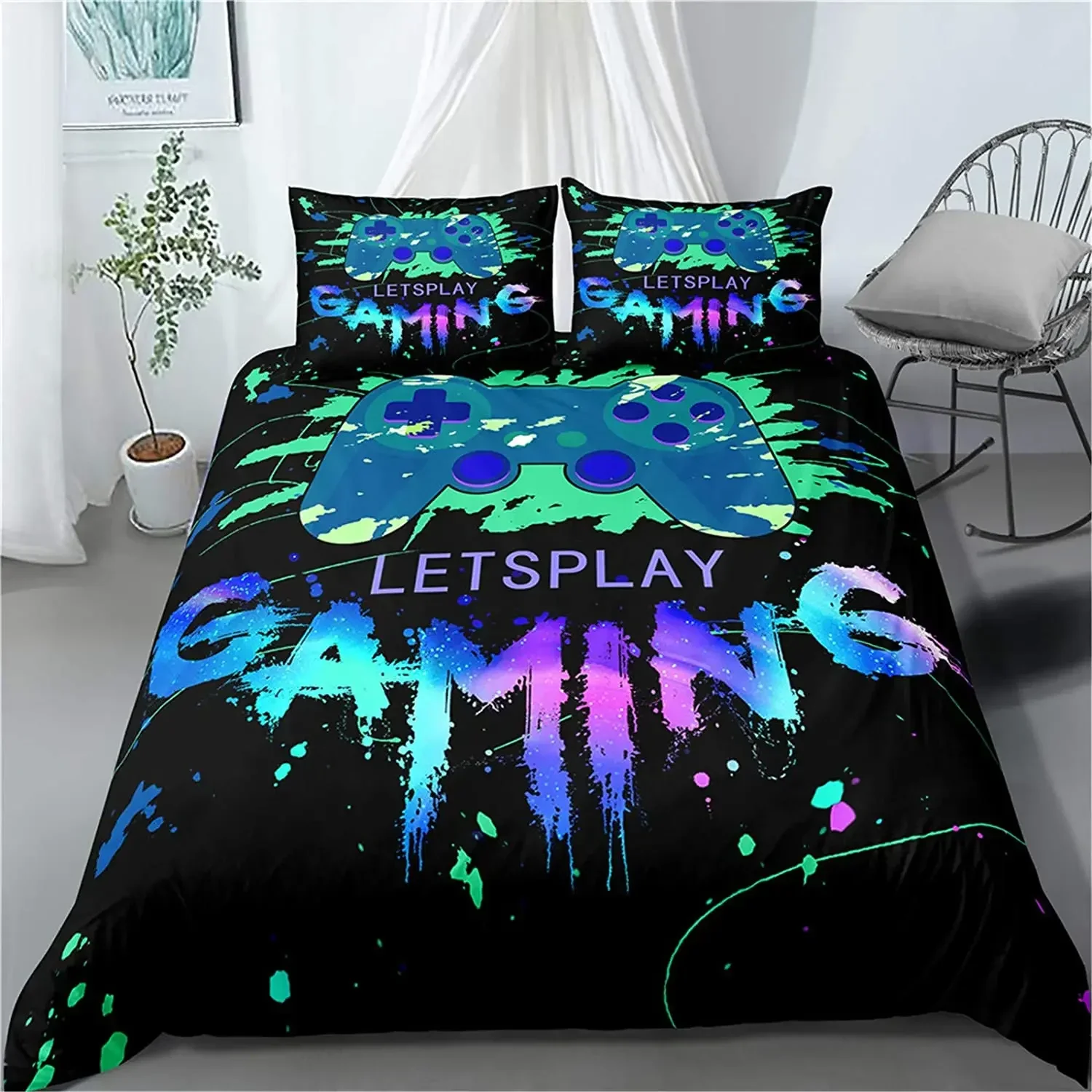 Gaming Bedding Set Gamer Room Decor Gamer Comforter Cover for Boys Kids Teen Video Games Twin Size Gamepad Polyester Quilt Cover