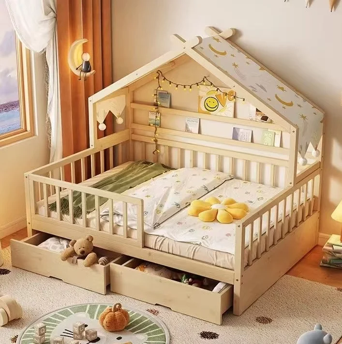 

！@Nordic Solid Wood Twin Bed for Kids French Style Wooden Kids Toddler Bed With Drawers