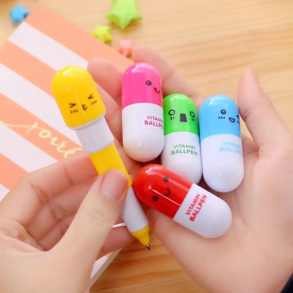 Telescopic Pill Ball Point Pen Painting Drawing Cartoon Retractable Pill Pens Smiling Face Funny Capsule Telescopic Pen