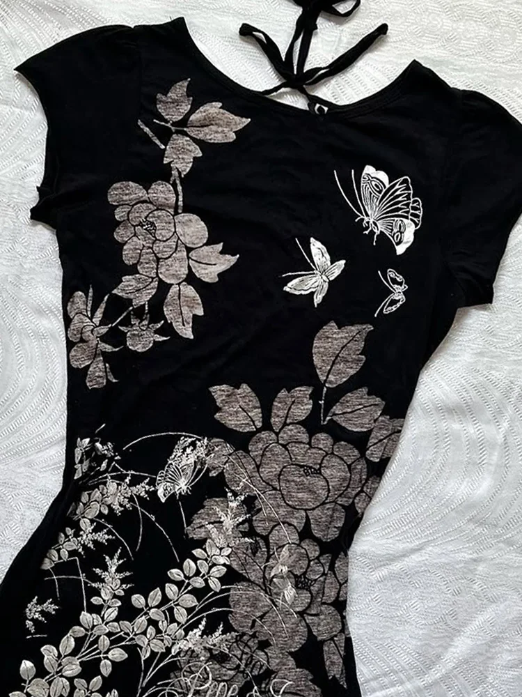 

Chayue Weiyun Original Retro American Bla Print ort Sve T-irt Women's Waist Slimming Design Sensation oulder Top