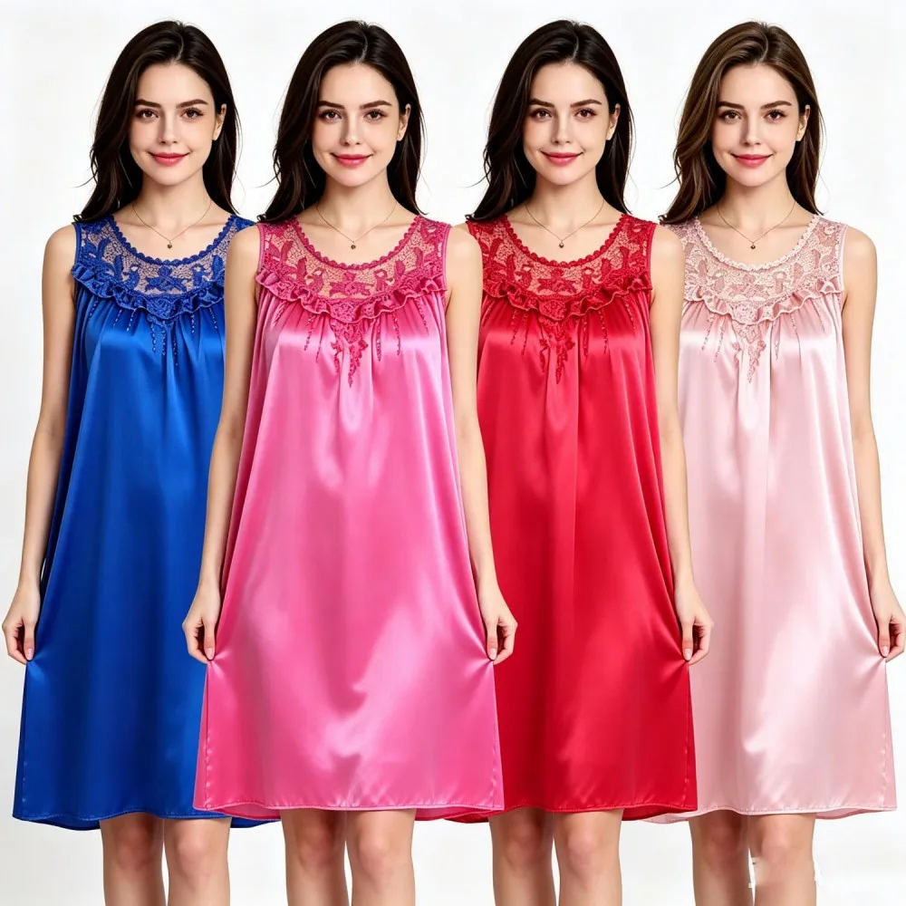 Plus Size Women Silk Nightdress Sleeveless Hollow Lace Collar Loose Flowy Night Gown Soft Silky Summer Sleepwear