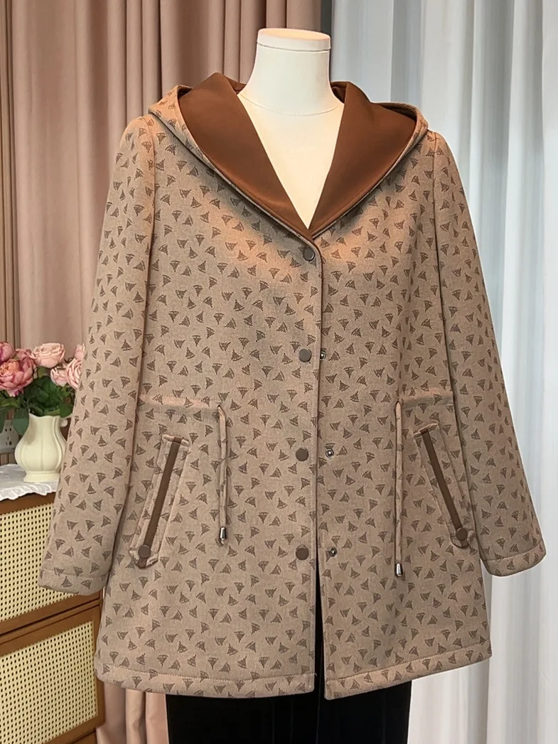 

Модный женский кардиган с капюшоном и принтом, утягивающий талию, для женщин среднего возраста, из полиэстера