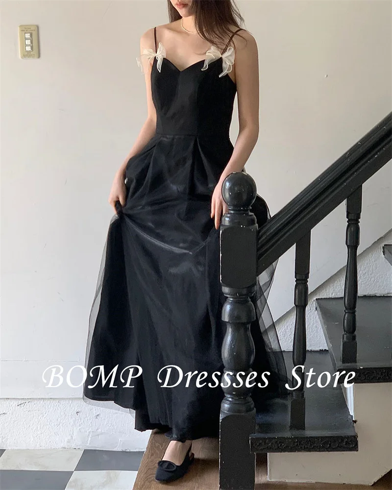 BOMP Simple Black Evening Dresses Korea Wedding Dresses Spaghetti Straps Sweetheart Bowknot Floor Length Formal Party Customized