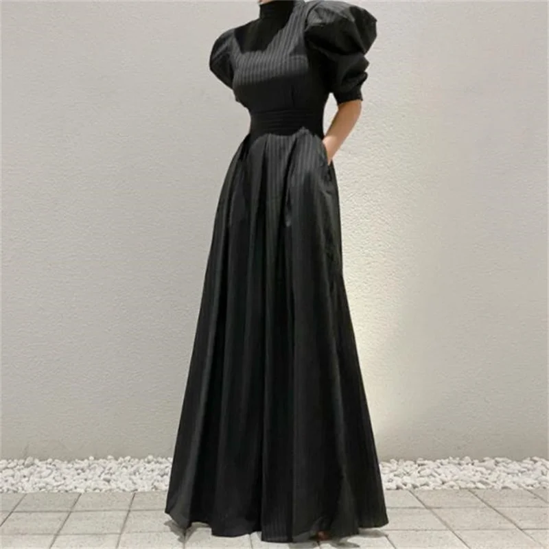 

Spring and Autumn Long pants Fashion Elegant Half Turtleneck Puff Sleeve Striped Jumpsuit