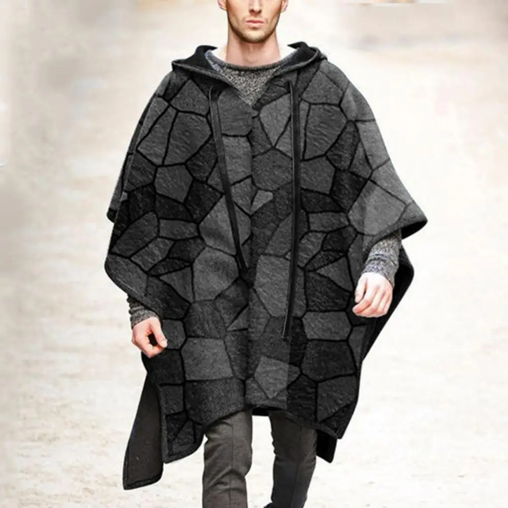 Cool Long Coat Cape Coat Men Coat Extra Loose Geometric Pattern Drawstring Shawl Coat  Patchwork