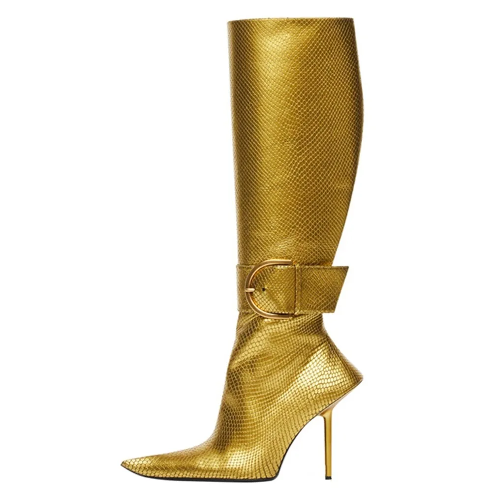 Bottes longues personnalisées à talon haut avec boucle métallique pointue, nouvelle collection automne-hiver, grandes tailles, à fermeture latérale