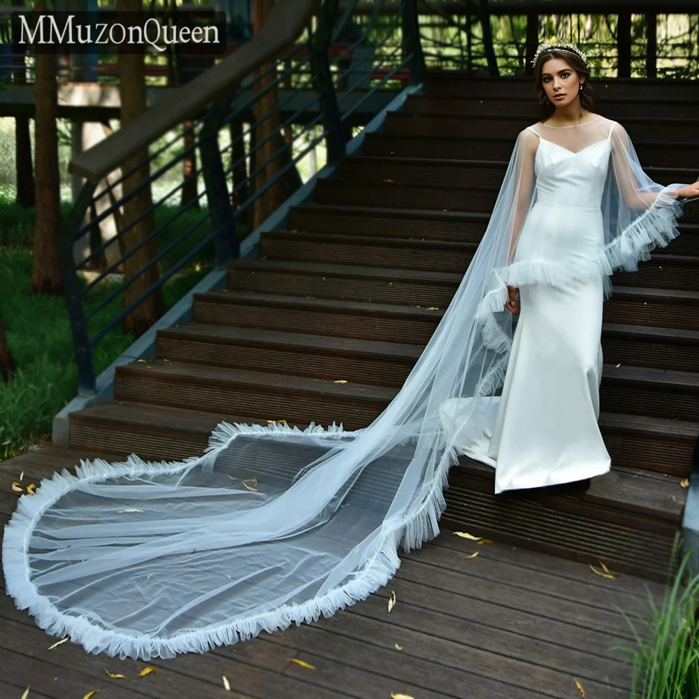 MMQ MG19 Elegant Cathedral Wedding Shawl Ruffle Jacket Long Bridal Tulle Cloak Shoulder Cover for Wedding Dress DIY Customizable