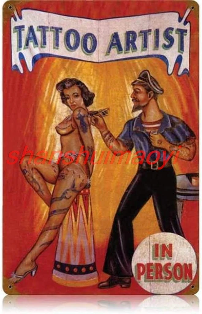 Kexle Tattoo Artist - Pin-Up Girl Metal Tin Sign Wall Art Decor for Living Room Vintage Art Coffee Bar Signs Home Decor Gif sign
