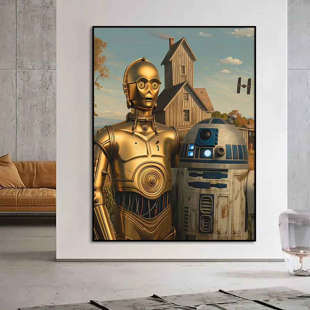 R2D2 and C-3PO on Farm Poster Disney Space Adventure Movie Wall Art Canvas Painting Print Funny Picture Home Room Decor Cuadros