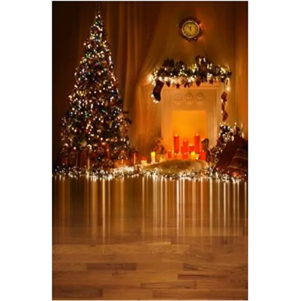 Cymbozin Indoor Fireplace Background Photography Printed Sparkling Christmas Tree Garland Kids Xmas Party Photo Booth Backdrop