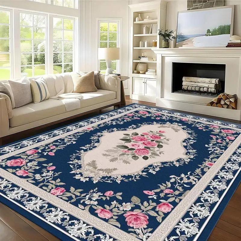 Vintage Floral Rose Area Rug, Navy‑Blue Background Pink Flower Ornate Border Floor Carpet, Traditional Elegant Decor Rug for Living Room Bedroom Entryway Home Decoration