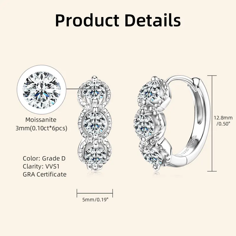 IOGOU 925 Sterling Silver Original Certified Three Stone Moissanite Hoop Earrings for Women Trendy Engagement Jewelry Accesories view 6