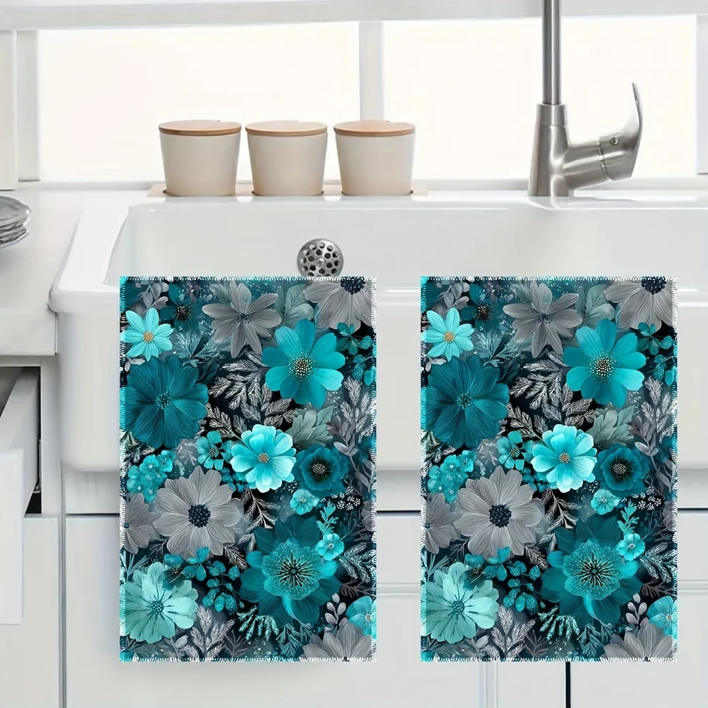 2Pcs, Blue Floral Kitchen Towels, 40Cm*60Cm Towel Set, Best Kitchen Towels, Super Absorbent Soft Cleaning Cloth, Cooking and Baking Tea Towels, Hand Towels, Cleaning Cloths, Dishcloths, Kitchen Decor, Living Room Decorations, Kitchen Essentials, Home Essentials