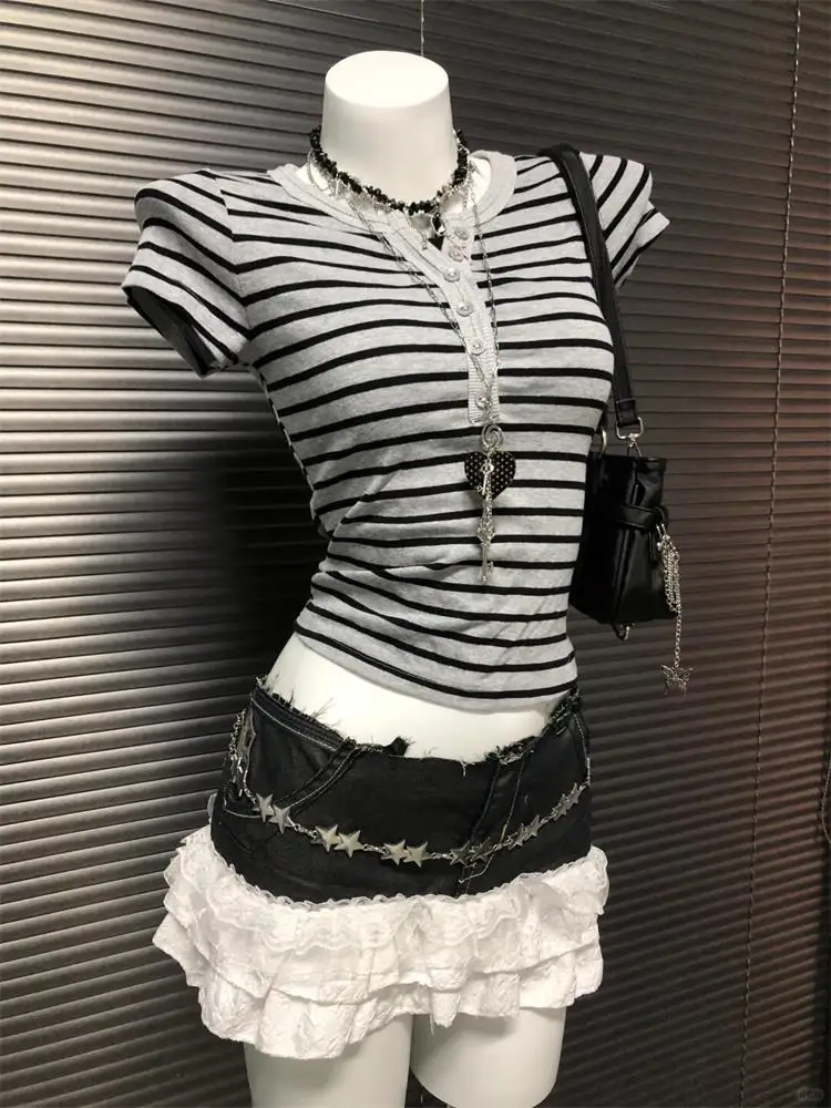 Summer Women's New Japanese Basic Slim Top Short-sleeved Striped T-Shirt Korean Street Style Y2K Clothing Tops