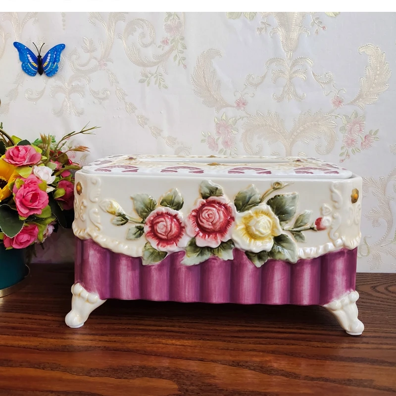 European household ceramic tissue box Living room coffee table rose cover boxes for home decor