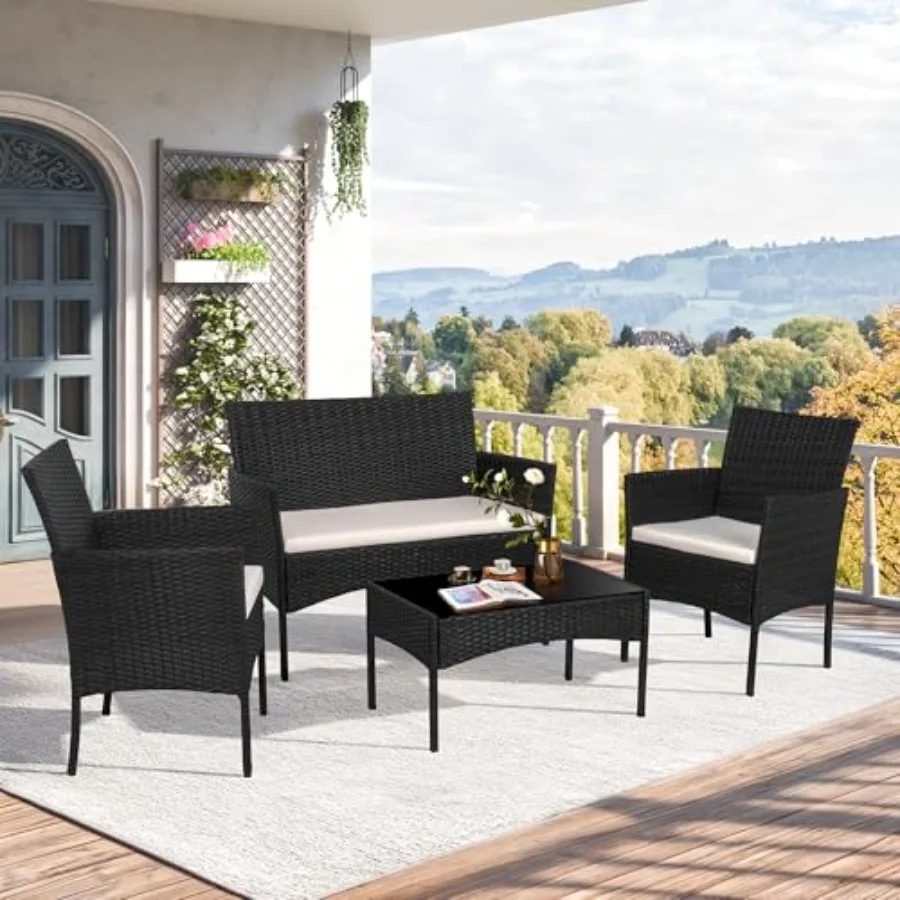 Outdoor patio furniture set: black wicker rattan chairs with tempered glass coffee table for backyard, porch, garden, poolside,