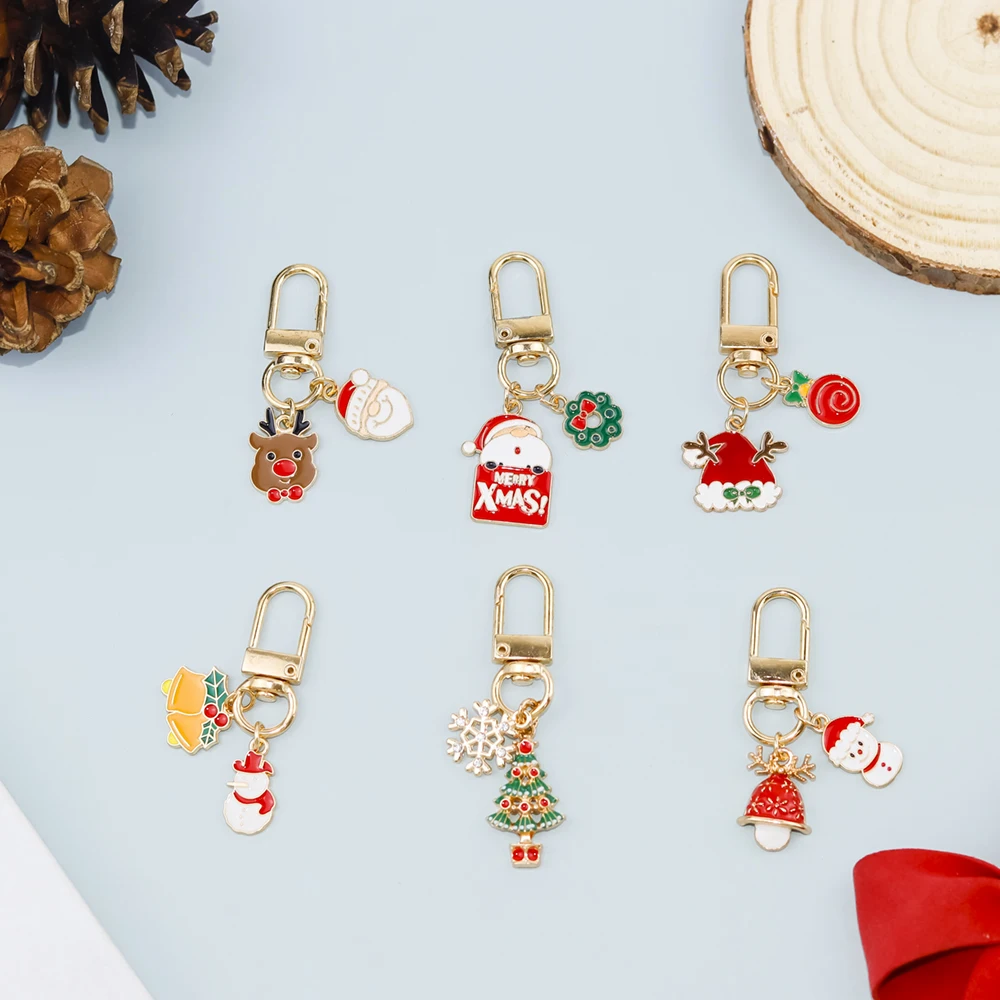 Mini Cartoon Christmas Keychain Cute Santa Elk Snowflake Keyring Bag Charms Women Earphone Case Pendant Car Trinket Party Gifts