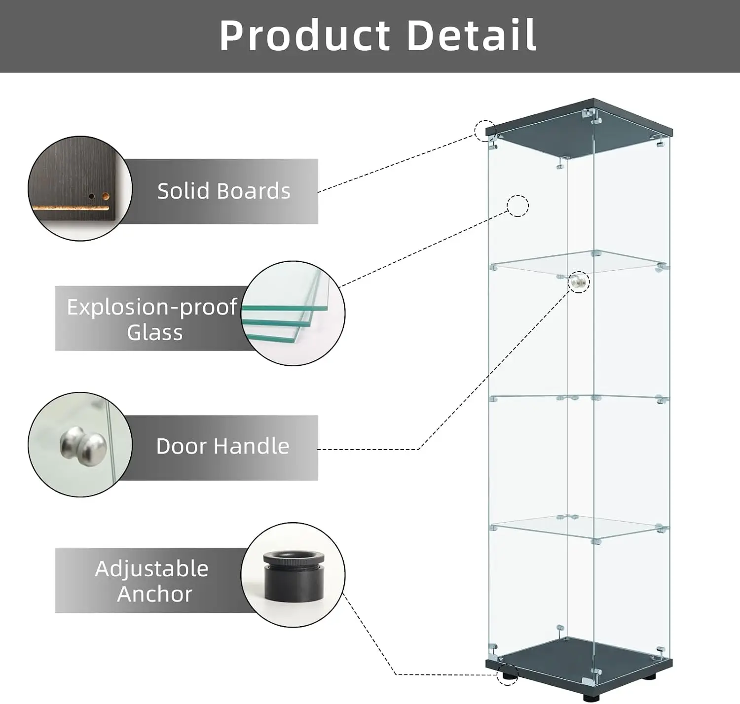 Glass Display Cabinet With Lock 4 Tier Single Door Tempered Glass Display Case Curio Cabinet Showcase Shelf Organizer For Collectibles Figures Decor Books Living Room Bedroom Office, Black view 3